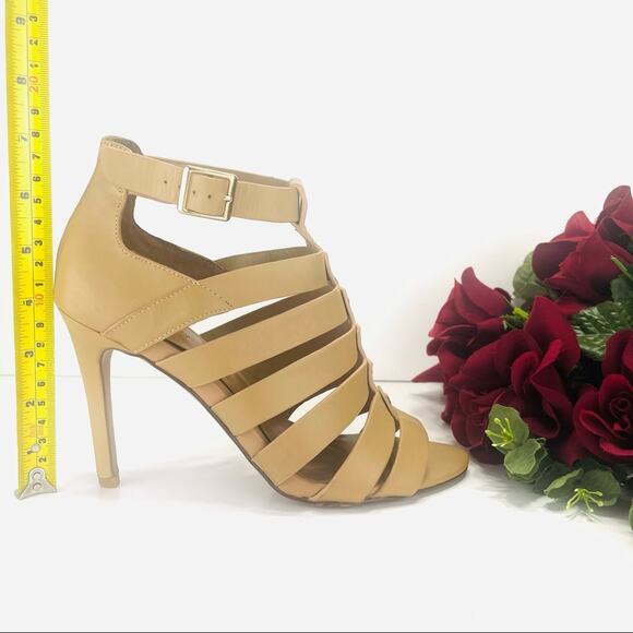 Aldo Strappy Stiletto Sandals/Booties Size 7.5 Tan Leather Open Toe High Heels - Picture 8 of 16